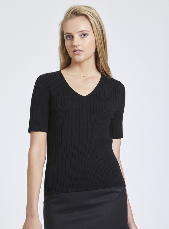 Black Rib V Neck Top