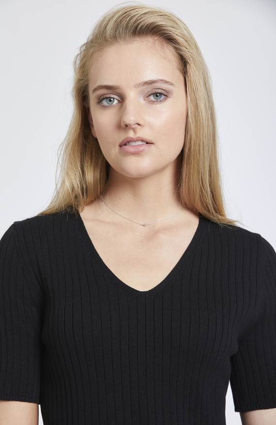 Black Rib V Neck Top