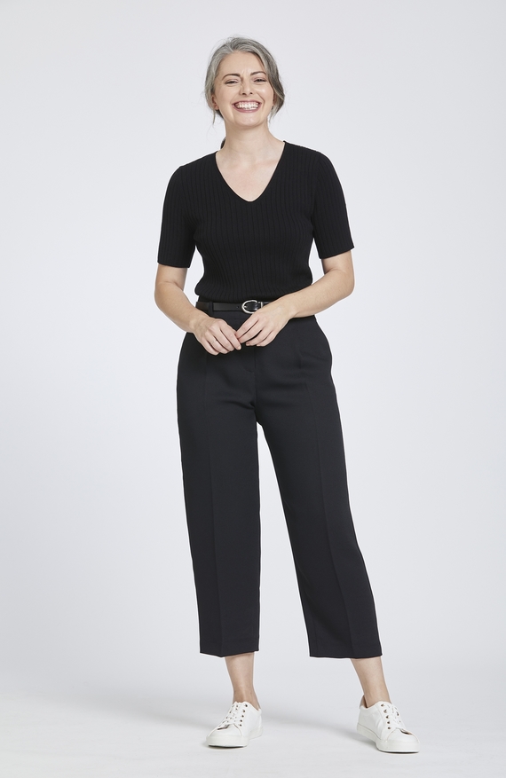 Black Rib V Neck Top