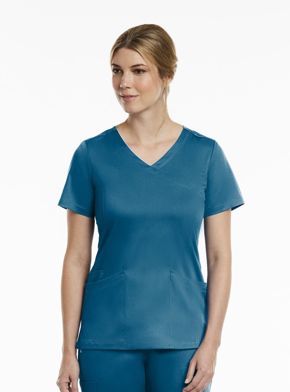 Matrix Curved Mock Wrap Scrub Top - Women - Caribbean Blue