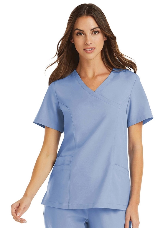 Momentum Mock Wrap Neck Scrub Top - Women - Ceil Blue