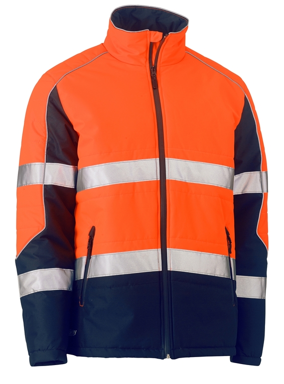 Taped Hi Vis Puffer Jacket With Stand Collar - Orange/Navy