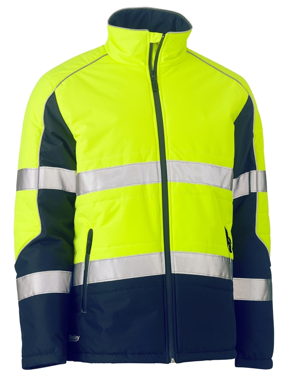 Taped Hi Vis Puffer Jacket With Stand Collar - Yellow/Navy