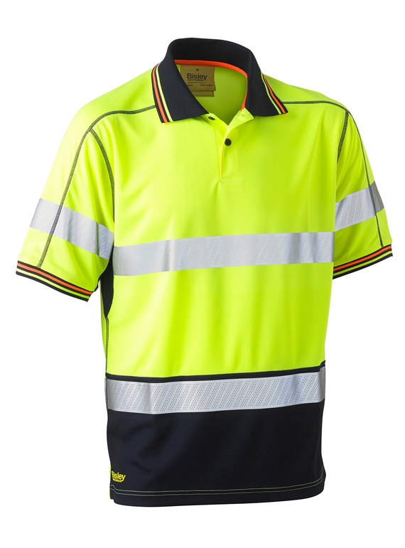 Taped Hi Vis Polyester Mesh Short Sleeve Polo Shirt - Yellow/Navy