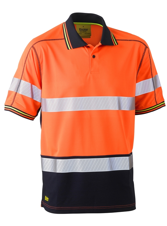 Taped Hi Vis Polyester Mesh Short Sleeve Polo Shirt - Orange/Navy