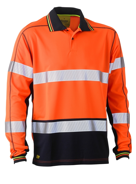 Taped Hi Vis Polyester Mesh Long Sleeve Polo Shirt - Orange/Navy