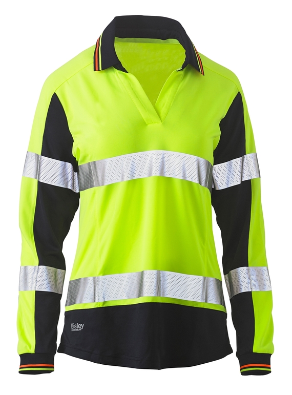 Taped Two Tone Hi Vis V-Neck Polyester Long Sleeve Polo Shirt - Women - Yellow/Navy