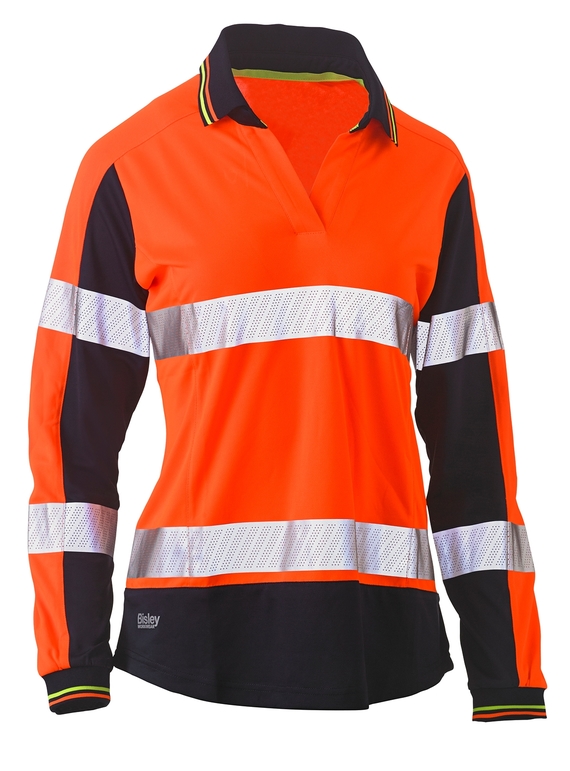 Taped Two Tone Hi Vis V-Neck Polyester Long Sleeve Polo Shirt - Women - Orange/Navy