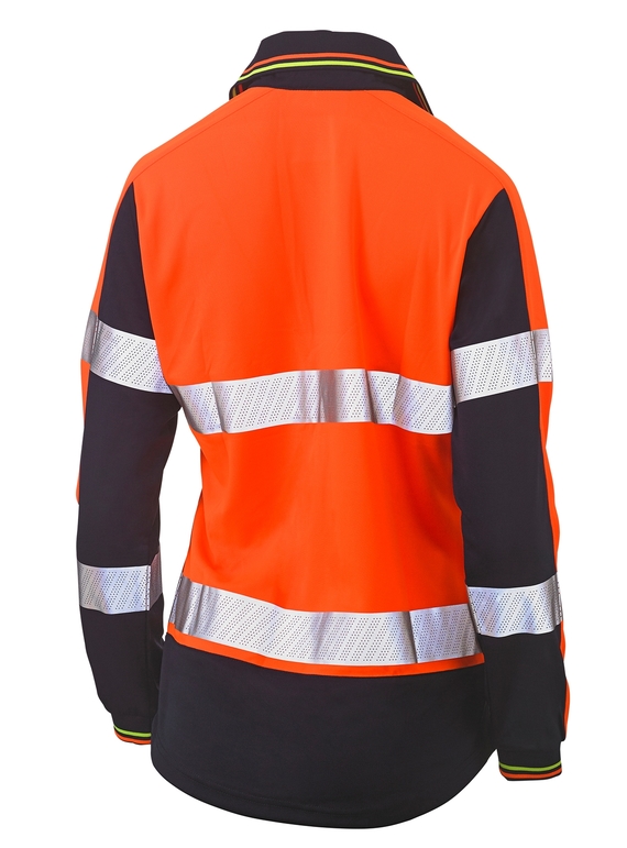 Taped Two Tone Hi Vis V-Neck Polyester Long Sleeve Polo Shirt - Women - Back