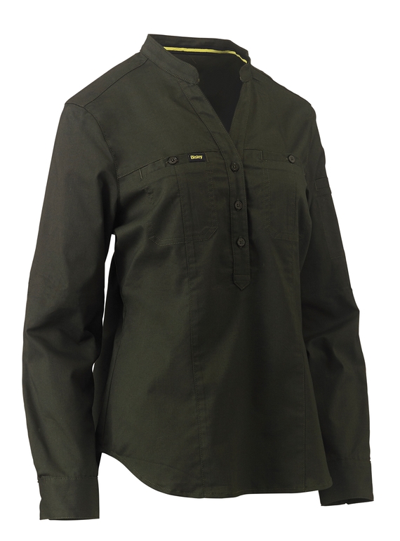 Stretch V-Neck Closed Front Cotton/Poly Shirt with Roll Sleeve - Women - Olive