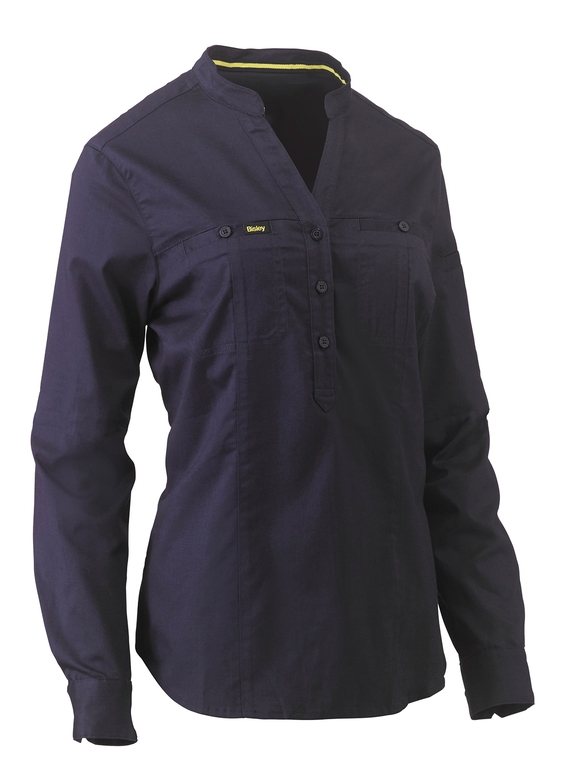 Stretch V-Neck Closed Front Cotton/Poly Shirt with Roll Sleeve - Women - Navy