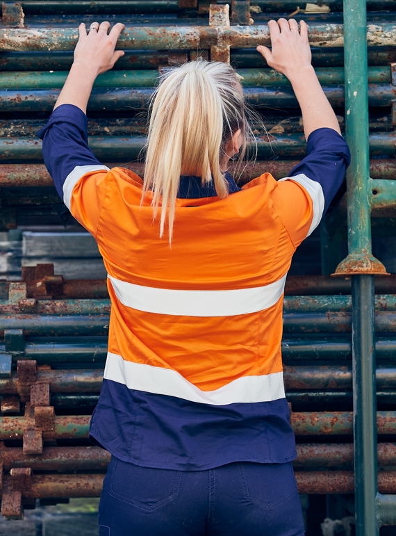 Taped Hi Vis Stretch V-Neck Closed Front Cotton/Poly Shirt - Women