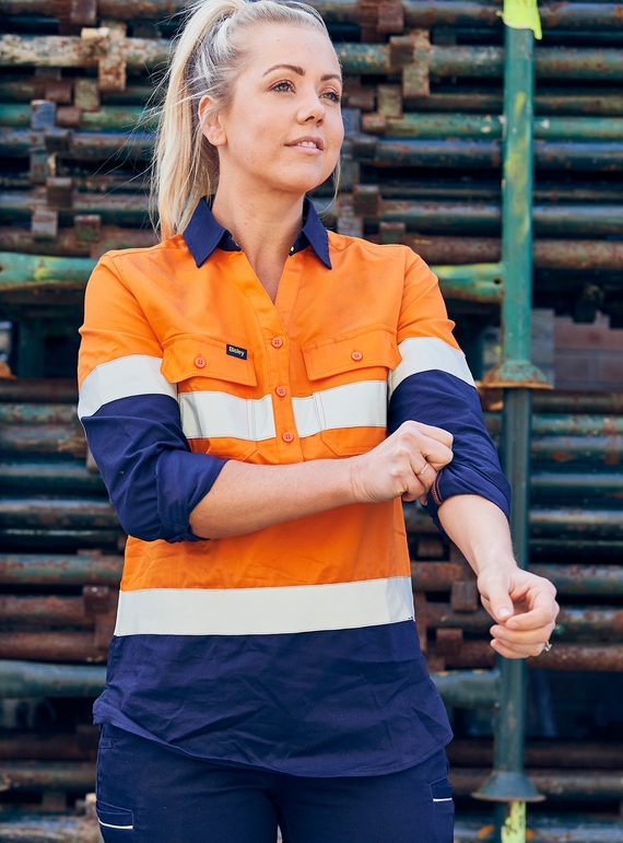 Taped Hi Vis Stretch V-Neck Closed Front Cotton/Poly Shirt - Women