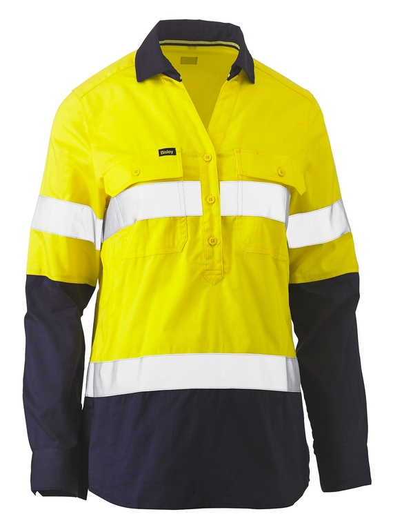 Taped Hi Vis Stretch V-Neck Closed Front Cotton/Poly Shirt - Women - Yellow/Navy