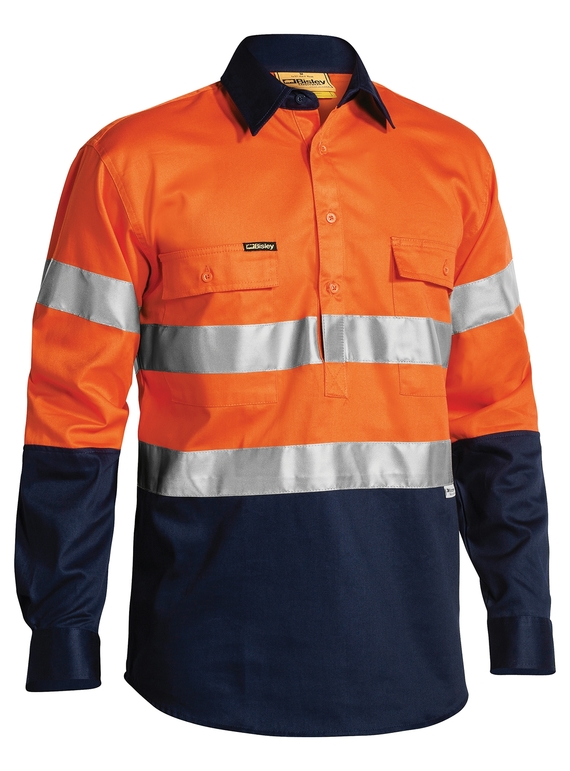 Taped Hi Vis Closed Front Drill Long Sleeve Shirt - Orange/Navy