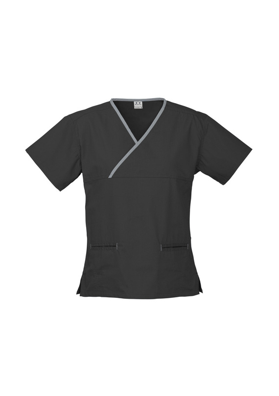 Contrast Crossover Scrubs Top - stretch poly/cotton - Women - Black/Pewter