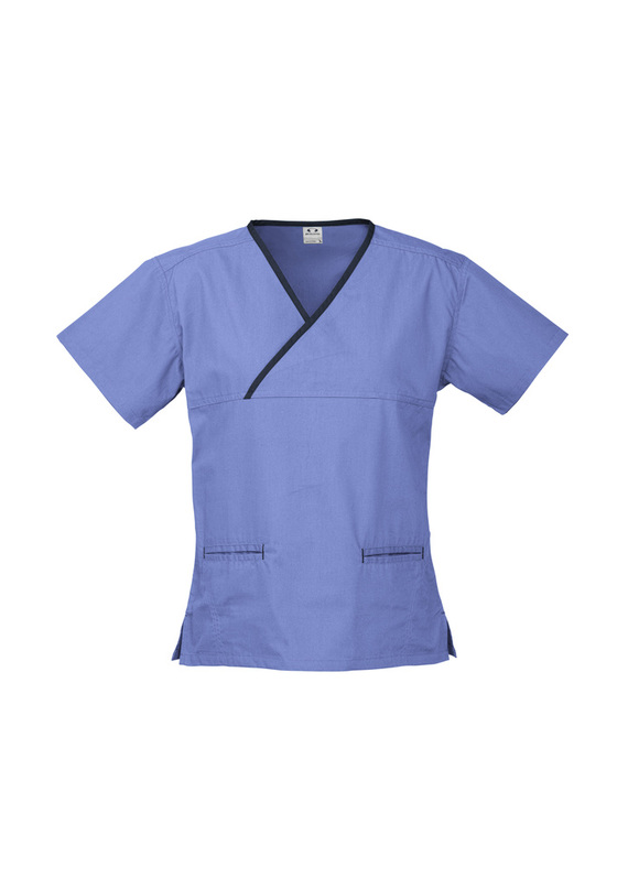 Contrast Crossover Scrubs Top - stretch poly/cotton - Women - Mid Blue/Navy