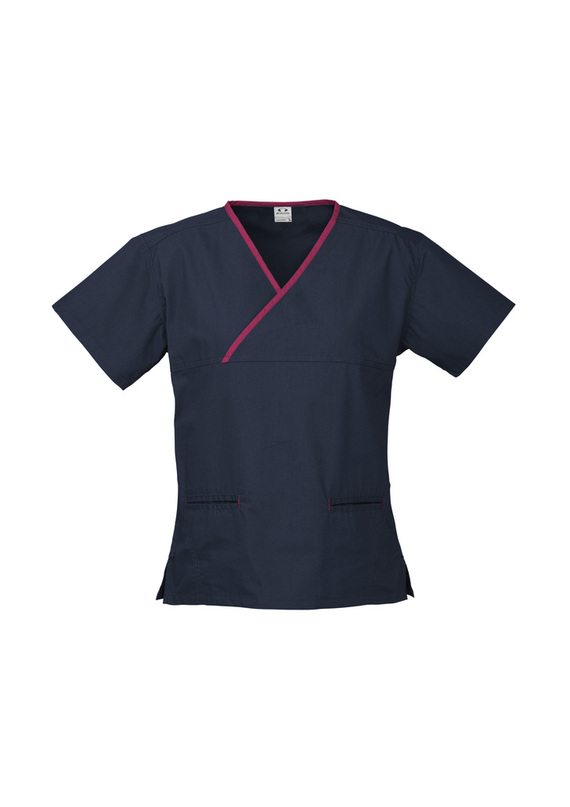 Contrast Crossover Scrubs Top - stretch poly/cotton - Women - Navy/Fuchsia