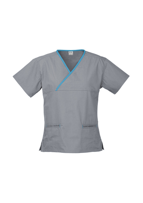 Contrast Crossover Scrubs Top - stretch poly/cotton - Women - Pewter/Aqua