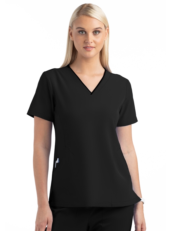 Matrix Impulse Contrast Curved V Neck Scrub Top - Women - Black/Black Trim