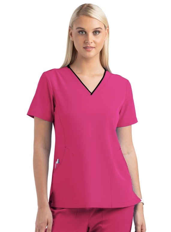Matrix Impulse Contrast Curved V Neck Scrub Top - Women - Hot Pink/Black Trim