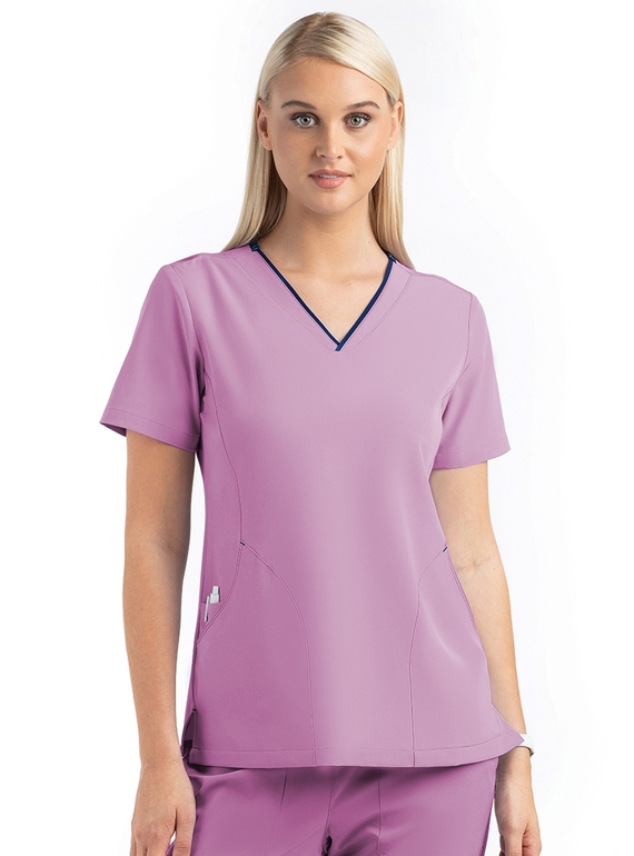 Matrix Impulse Contrast Curved V Neck Scrub Top - Women - Orchid Bouquet/Navy Trim