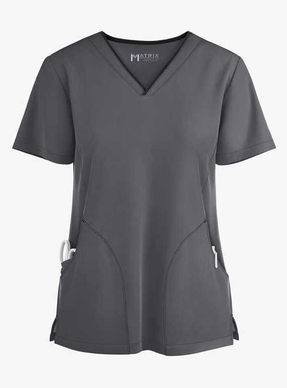 Matrix Impulse Contrast Curved V Neck Scrub Top - Women - Pewter/Black Trim