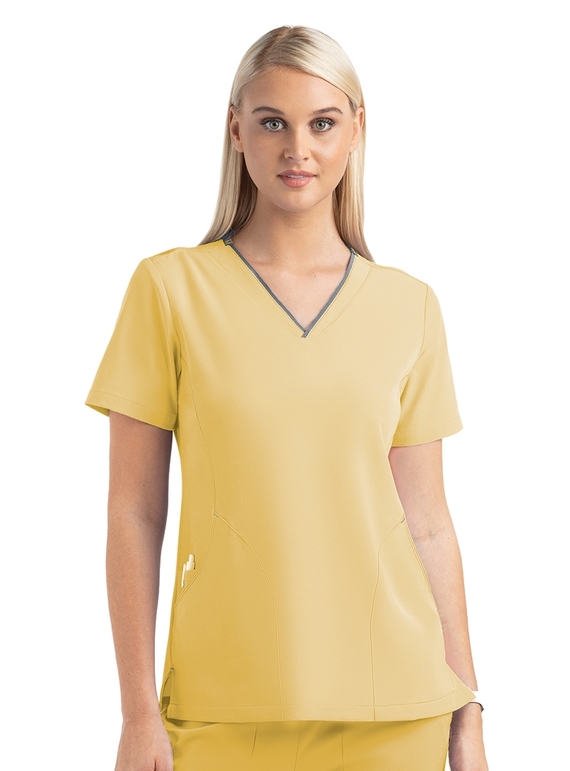Matrix Impulse Contrast Curved V Neck Scrub Top - Women - Sunshine/Pewter Trim