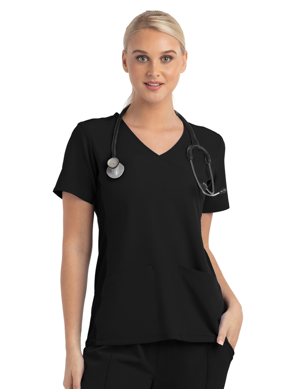 Matrix Impulse Contrast Knit Panel Mock Wrap Scrub Top - Women - Black/Black Trim