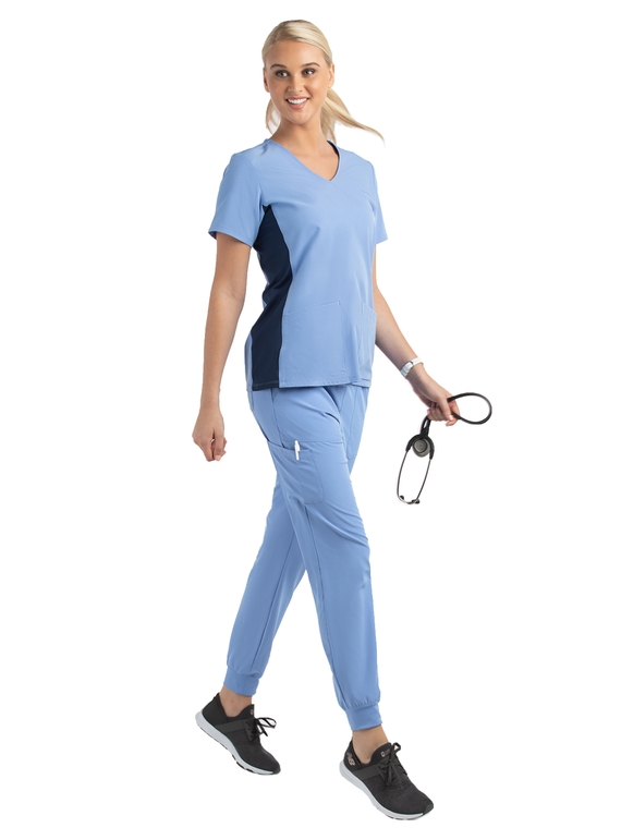 Matrix Impulse Contrast Knit Panel Mock Wrap Scrub Top - Women