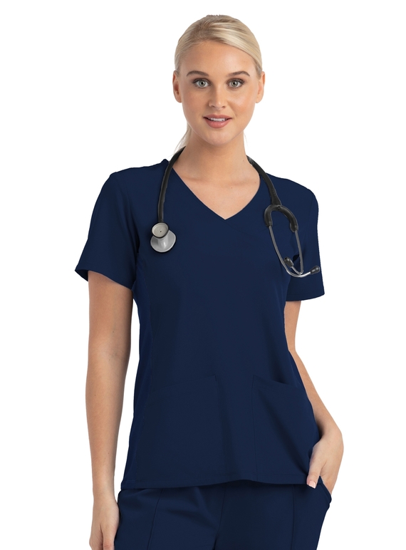 Matrix Impulse Contrast Knit Panel Mock Wrap Scrub Top - Women - Navy/Navy Trim
