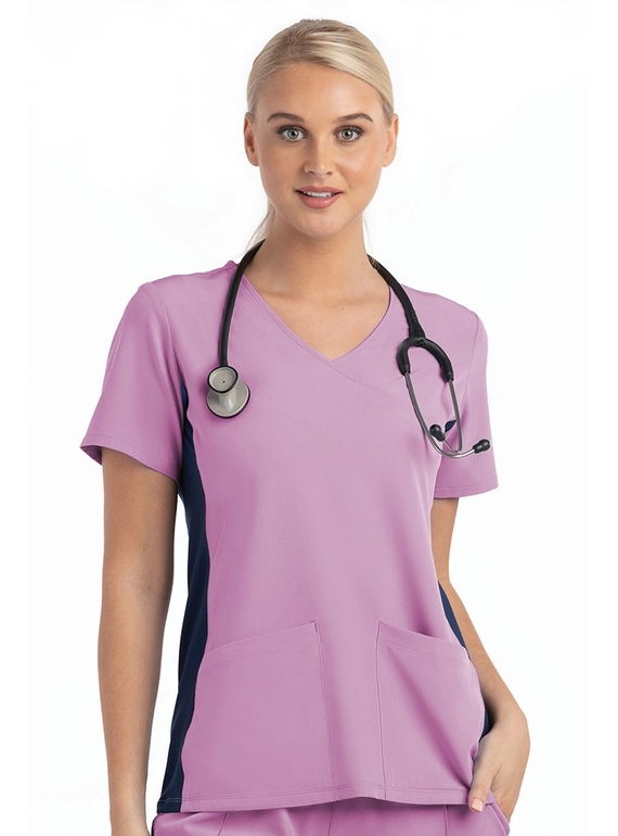 Matrix Impulse Contrast Knit Panel Mock Wrap Scrub Top - Women