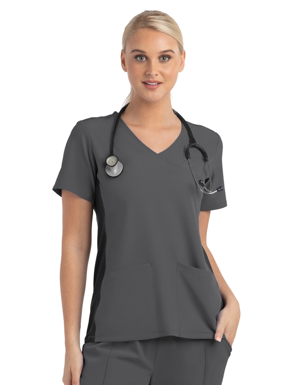 Matrix Impulse Contrast Knit Panel Mock Wrap Scrub Top - Women - Pewter/Black Trim