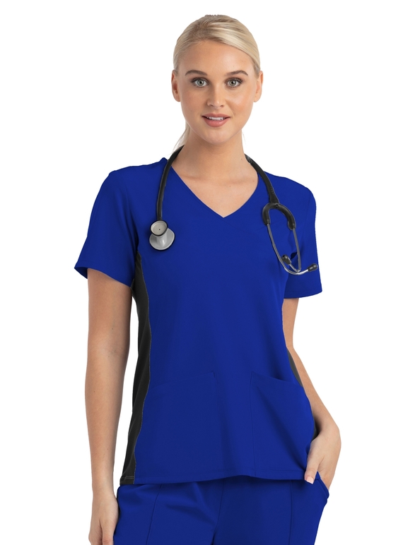 Matrix Impulse Contrast Knit Panel Mock Wrap Scrub Top - Women - Royal/Black Trim