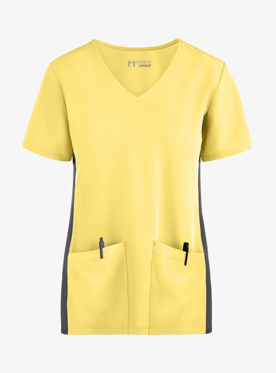 Matrix Impulse Contrast Knit Panel Mock Wrap Scrub Top - Women - Sunshine/Pewter Trim
