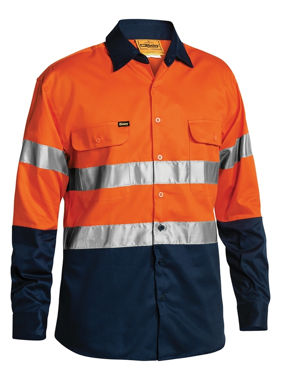 Taped Hi Vis Drill Long Sleeve Shirt - Orange/Navy
