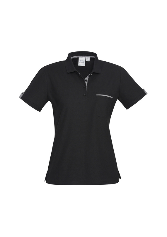 Edge Poly/Cotton Contrast Polo Shirt - Women - Black/Check Trim