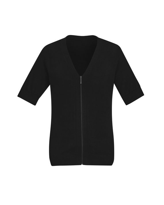 Zip Front Short Sleeve Cardigan - Women - Black