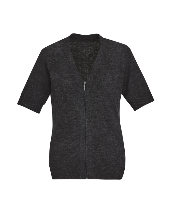 Zip Front Short Sleeve Cardigan - Women - Charcoal
