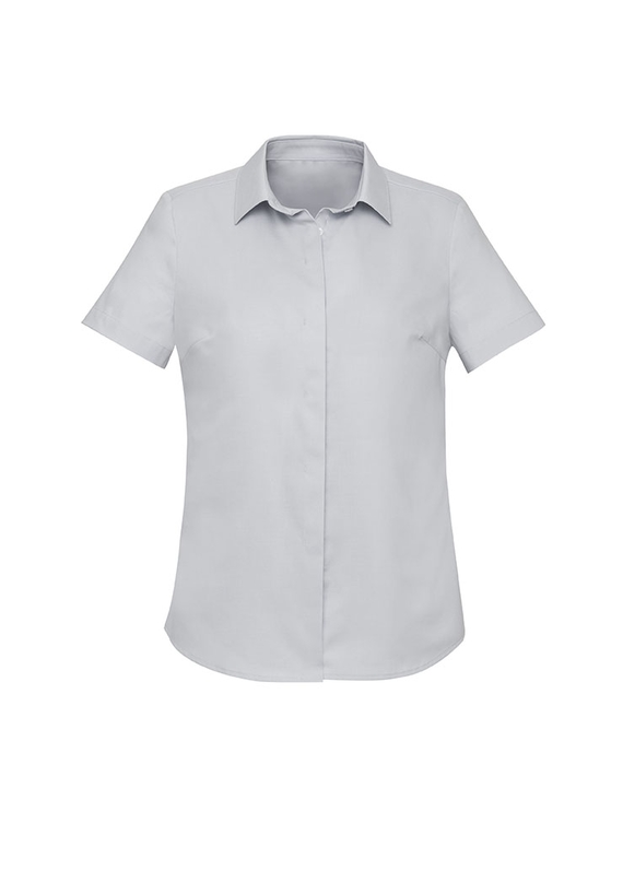 Women's Charlie Short Sleeve Button to Neck Shirt - Graham Brown & CO - Silver Chambray