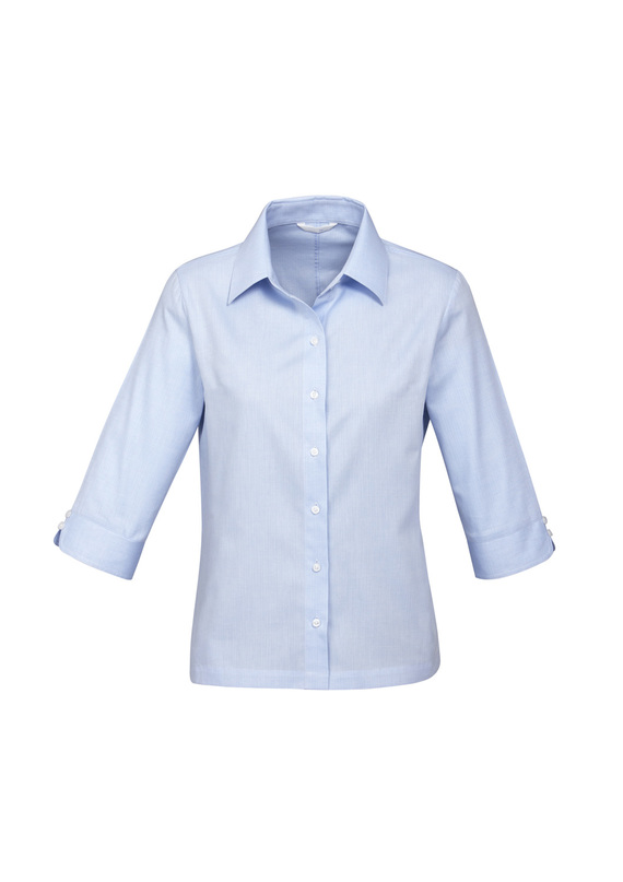 Luxe Cotton Mini Herringbone 3/4 Sleeve Shirt - Women - Blue