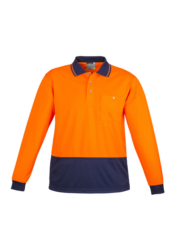 Basic Long Sleeve Hi Vis Polo Shirt - Unisex - Orange/Navy