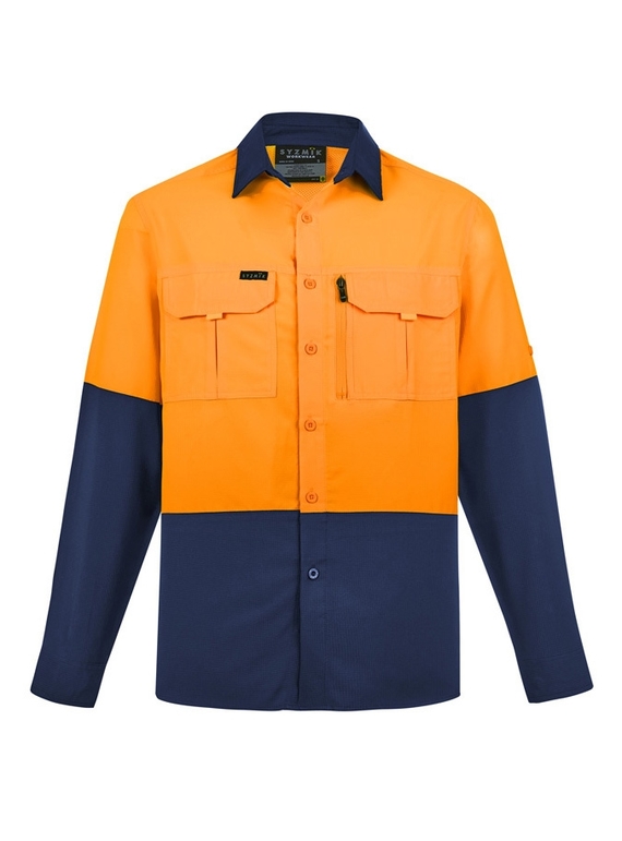 Hi Vis Outdoor Long Sleeve Shirt - Men - Orange/Navy