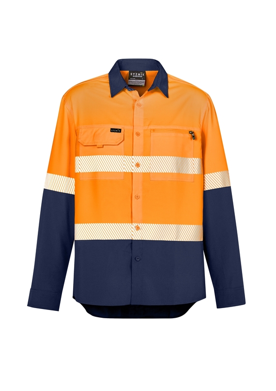 Hi Vis Outdoor Segmented Tape Long Sleeve Shirt - Men - Orange/Navy