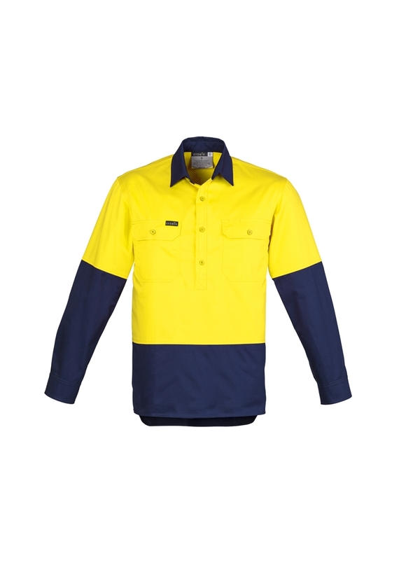 Closed Front Long Sleeve Cotton Hi Vis Shirt - Men - Yellow/Navy
