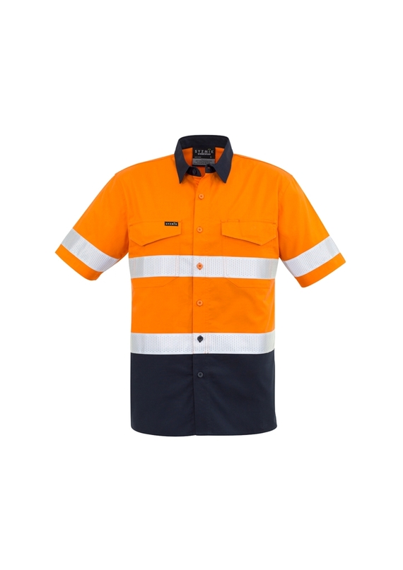 Rugged Cooling Hi Vis Taped Short Sleeve Shirt - Men - Orange Navy