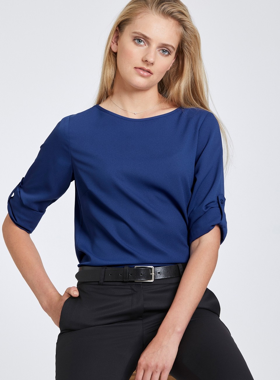 Scoop Neck Top with Long Roll-Up Sleeve